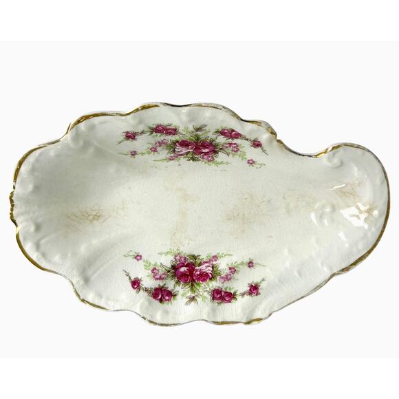 Antique Bone Trinket Dish Goodwin Semi Porcelain Floral Scalloped Gold Trim READ - Picture 2 of 15